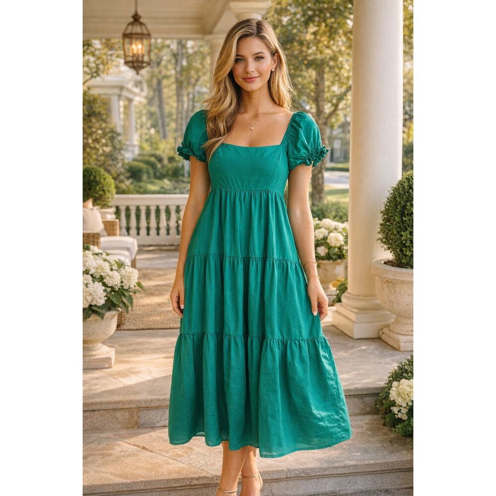 OPT Puff Sleeve Tiered Cotton Midi Dress Jade Green Size M - Picture 2 of 13